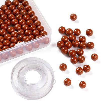 100 pcs 8 mm grado aa cuentas redondas de jaspe rojo natural, con 10 m hilo de cristal elástico, para kits de fabricación de pulseras elásticas de bricolaje