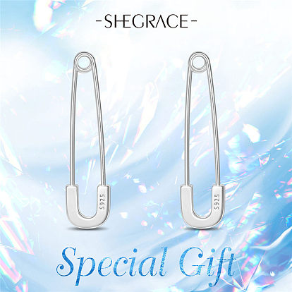 SHEGRACE 925 Sterling Silver Hoop Earrings, with 925 Stamp, Safety Pin Shape
