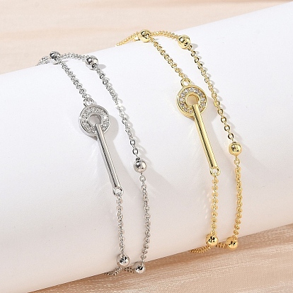 Brass Micro Pave Clear Cubic Zirconia Key Link 2-Strand Bracelets, Long-Lasting Plated, Rack Plating, Lead Free & Cadmium Free