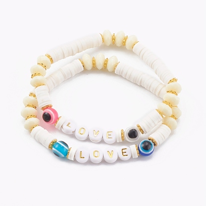 Bracelets de perles pour la saint valentin, avec des perles heishi en pâte polymère, rondes perles de résine de mauvais œil, acryliques perles et perles en alliage, mot d'amour