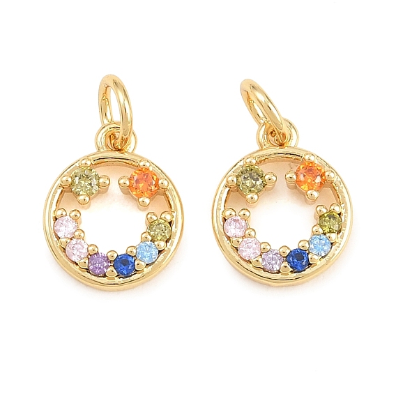Brass Micro Pave Colorful Cubic Zirconia Charms, Cadmium Free & Lead Free, Long-Lasting Plated, Rack Plating, Ring Charms