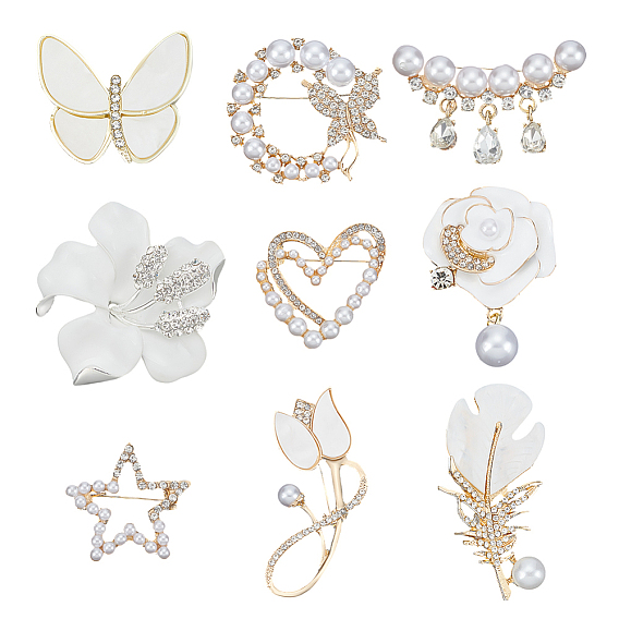 9шт 9 стили сплава горный хрусталь броши для рюкзака одежды, с натуральной ракушкой и пластиковой жемчужиной, разнообразные