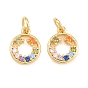 Brass Micro Pave Colorful Cubic Zirconia Charms, Cadmium Free & Lead Free, Long-Lasting Plated, Rack Plating, Ring Charms