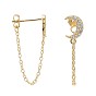 925 Sterling Silver Stud Earrings, with Clear Cubic Zirconia and Cable Chains, with S925 Stamp, Moon