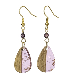 Transparent Resin & Walnut Wood Teardrop Pendant Dangle Earrings, with Imitation Austrian Crystal 5301 Bicone Beads and Iron Earring Hooks