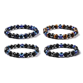 4Pcs Natural Gemstone and Evil Eye Resin Beads Stretch Bracelets Set for Women Men