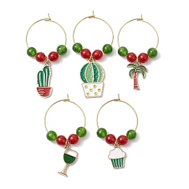 Summer Theme Alloy Enamel Wine Glass Charms, with Natural & Dyed Malaysia Jade Beads and Natural TaiWan Jade Beads, Mixed Shapes