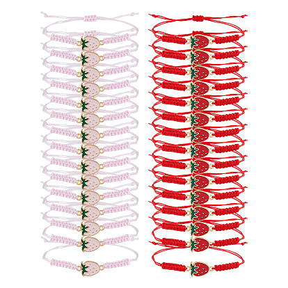 30Pcs 2 Colors Alloy Enamel Charm Bracelets, Strawberry, with Nylon Thread