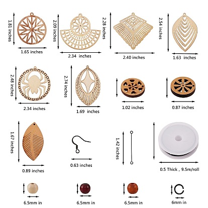 DIY Wood Pendant Drop Earring Making Kit, Including Wooden Big Pendants, Pecan Wood Beads, Copper Wire, Aluminum Jump Rings, Stainless Steel Earring Hooks & Eye Pin