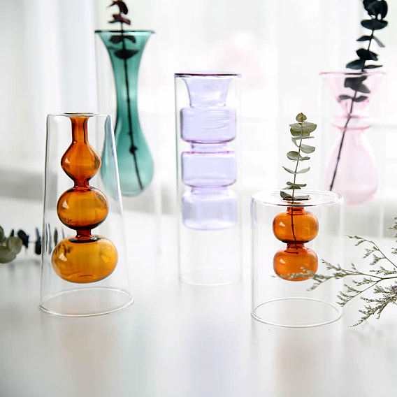 Double-layer Transprent Glass Hydroponic Vase Display Decorations, for Indoor Garden Home Decoration