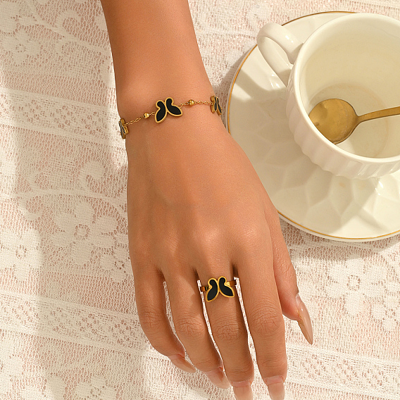 Женские браслеты и кольца из нержавеющей стали, бабочка, золотые