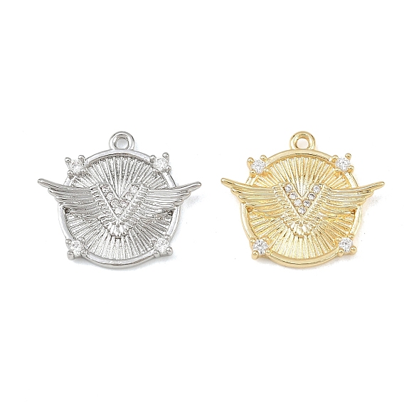 Латунные микропаве прозрачные подвески с фианитом, плоские круглые с рисунком крыла, без кадмия, без никеля и без свинца