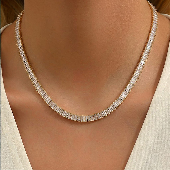 304 Stainless Steel Pave Clear 3A Cubic Zirconia Rectangle Tennis Necklaces for Women