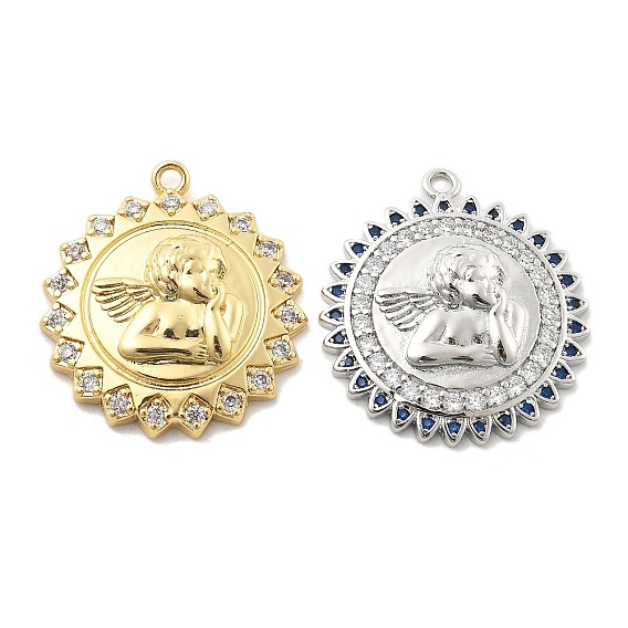 Латунные микро проложить кубического циркония подвески, плоский круглый с ангельскими подвесками, стойки покрытие, долговечный, без свинца и без кадмия