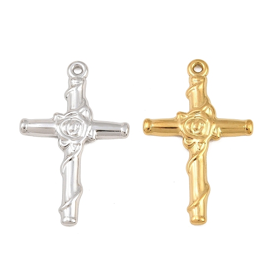 304 Stainless Steel Pendants, Cross with Rose Charms