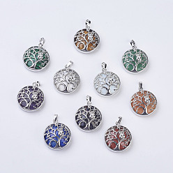 Gemstone Pendants, with Brass Findings, Flat Round with Tree of Life, Platinum