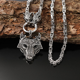 Vintage Zinc Alloy Viking Pendant Necklaces for Men, Antique Silver, Cross Wolf