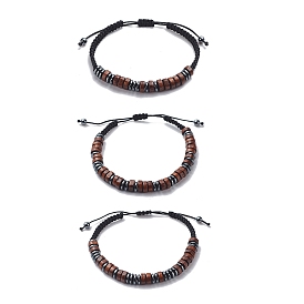 3Pcs 3 Style Morse Code Stackable Bracelets Set, Natural Maple Wood & Synthetic Hematite Braided Bead Bracelets for Men Women