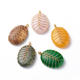 Natural Mixed Gemstone Pendants, with Golden Tone Copper Wire Wrapped, Oval Charm, Mixed Dyed and Undyed