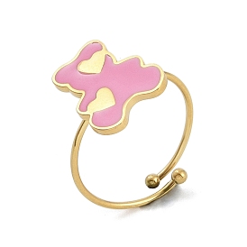 Bear with Heart 304 Stainless Steel Enamel Ring, 316 Surgical Stainless Steel Open Cuff Ring for Women, Real 18K Gold Plated