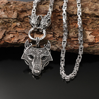 Vintage Zinc Alloy Viking Pendant Necklaces for Men, Antique Silver, Cross Wolf