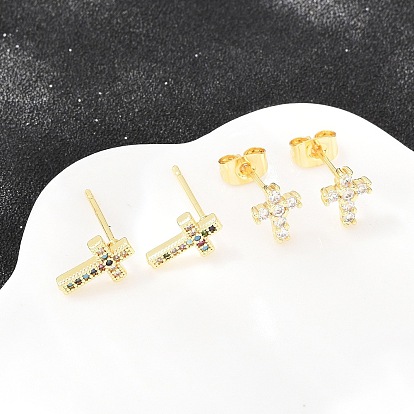 Латунные микро проложить серьги стержня кубического циркония, крестик, долговечный, стойки покрытие, без свинца и без кадмия, реальный 18 k позолоченный
