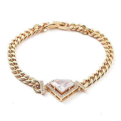 Cubic Zirconia Link Bracelet with Golden Brass Curb Chains, Long-Lasting Plated