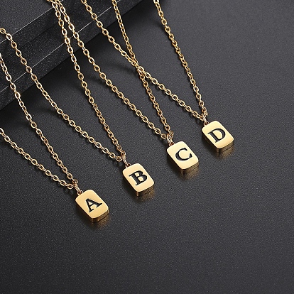 Titanium Steel Rectangle with Initial Letter Pendant Necklace with Cable Chains for Women, Golden