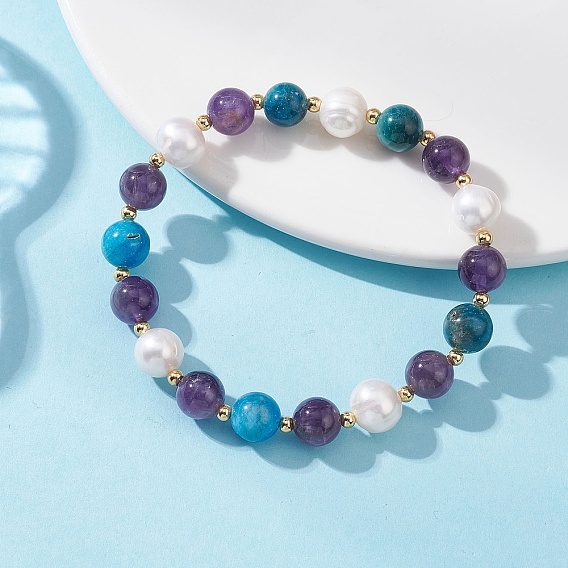 Женские эластичные браслеты из натурального культивированного пресноводного жемчуга, апатита и аметиста, круглые, с латунной бисера