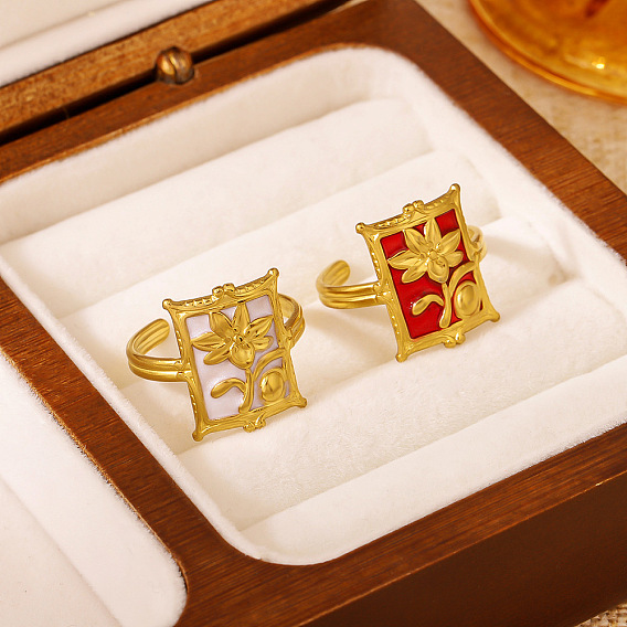 304 Открытые кольца из эмалированной нержавеющей стали, Прямоугольник с цветком, золотые