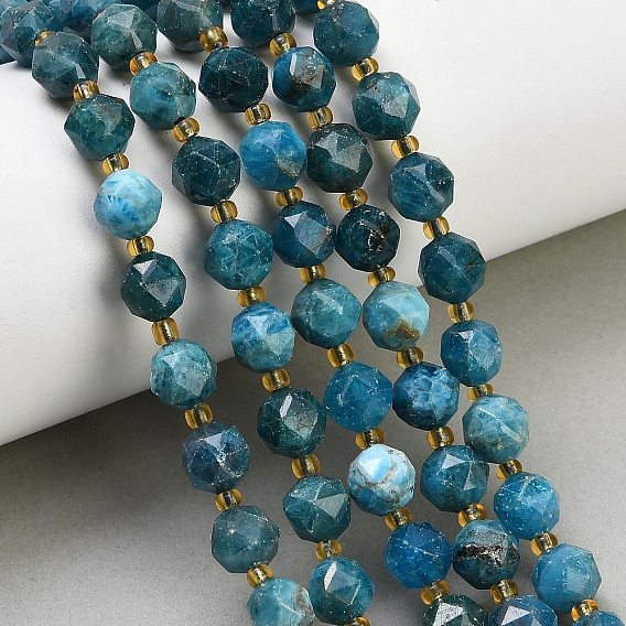 Natural Apatite Beads Strands, Star Cut Round Beads, Faceted, with Seed Beads
