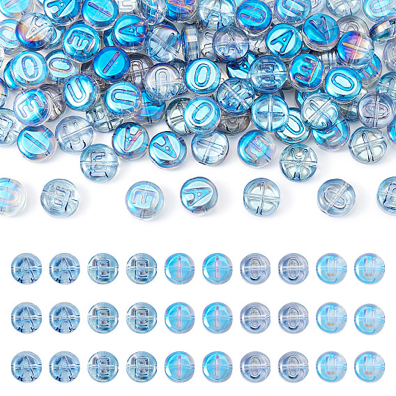 100 шт. 5 стили прозрачные гальванизированные УФ-покрытием стеклянные бусины, радужный, плоские круглые с буквы