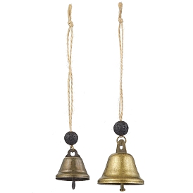 2Pcs 2 Styles Iron Bell Pendant Decorations, Round Natural Lava Rock Beads and Jute Cord for Home Wall Hanging Ornaments