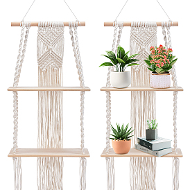 4Pcs Wood & Woven Cotton Macrame Wall Hanging Book Potted Plant Storage Holder, Rectangle
