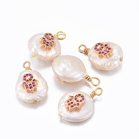 Natürliche kultivierte Süßwasserperlenanhänger, mit Messing micro pave Zirkonia Zubehör, nuggets mit hamsa hand / hand von fatima / hand von miriam, golden