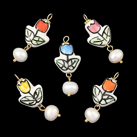 Handmade Porcelain with 304 Stainless Steel Pendants, with Natural Cultured Freshwater Pearl, Tulip Charms, Golden