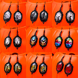 Серьги из сплава, чёрные, овал с узором в виде полос/ведьмы/птицы