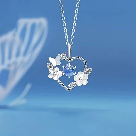 Alloy Resin Pendant Flower Heart Frame Pendant Necklaces for Woemn, Platinum