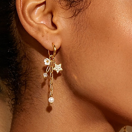 304 Stainless Steel Hoop Earrings, Rhinestone & Plastic Imitation Pearl Star with Flower Dangle Earrings, Tassel Earrings