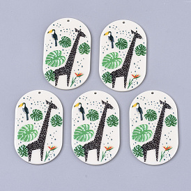 Pendentifs en acrylique, charmes de feuilles tropicales, 3 j imprimé, ovale, motif feuille et oiseau girafe et monstera