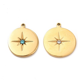 Ion Plating(IP) 304 Stainless Steel Rhinestone Pendants, Flat Round with Star Charms, Real 18K Gold Plated