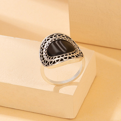 Vintage Black Sapphire Ring with Unique Oil Drip Cutout Design and Wide Band
