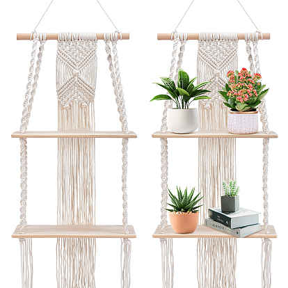 4Pcs Wood & Woven Cotton Macrame Wall Hanging Book Potted Plant Storage Holder, Rectangle