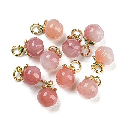Natural Yan Yuan Agate Pendants, Peach Charms with Rack Plating Golden Tone Brass Enamel Findings, Long-Lasting Plated