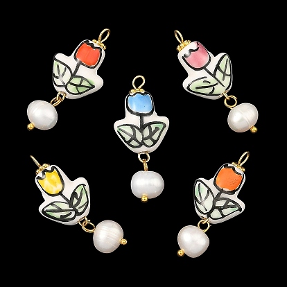 Handmade Porcelain with 304 Stainless Steel Pendants, with Natural Cultured Freshwater Pearl, Tulip Charms, Golden