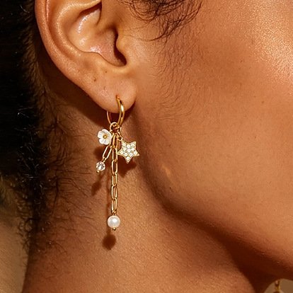 304 Stainless Steel Hoop Earrings, Rhinestone & Plastic Imitation Pearl Star with Flower Dangle Earrings, Tassel Earrings