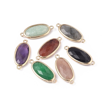 Gemstone Links Connectors, with Brass Findings, Faceted, Oval, Golden