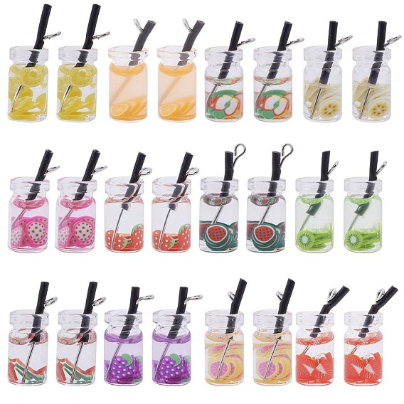 Resin Glass Bottle Pendants, with Plastic and Platinum Plated Iron Findings, Imitation Fruit Juice Tea