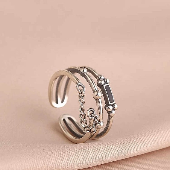 Прямоугольник 925 регулируемые манжеты из стерлингового серебра с эмалью для женщин, тройное кольцо с цепями