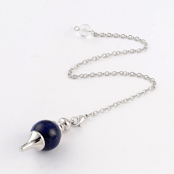 Gemstone Sphere Dowsing Pendulums, with Platinum Tone Brass Cross Chain & Lobster Claw Clasps